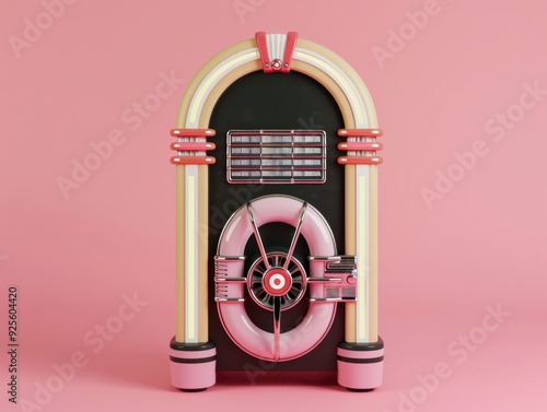 Pink Jukebox Dreams: A classic pink and gold jukebox sits against a vibrant pink backdrop, a nostalgic symbol of music and bygone eras.  