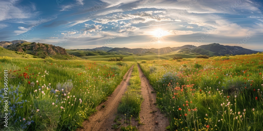 Naklejka premium Golden Hour on the Open Road: A dirt road winds through a vibrant meadow, bathed in the warm glow of sunset, leading towards majestic mountains in the distance. 