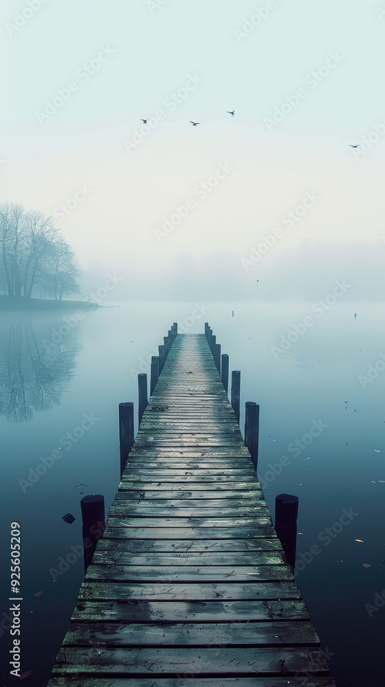 Misty Pier into the Unknown: A long wooden pier extends into a serene lake shrouded in mist, with a line of birds flying overhead, phone wallpaper Misty Pier into the Unknown: A long wooden pier extends into a serene lake shrouded in mist, with a line of birds flying overhead, phone wallpaper