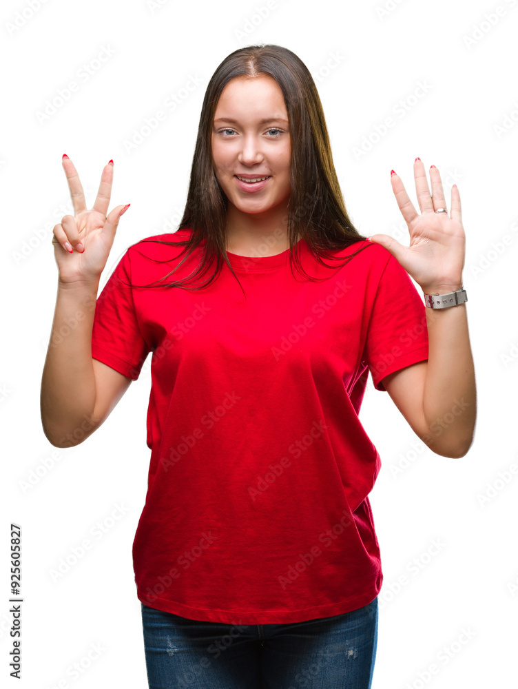 Young beautiful caucasian woman over isolated background showing and pointing up with fingers number eight while smiling confident and happy. Young beautiful caucasian woman over isolated background showing and pointing up with fingers number eight while smiling confident and happy.