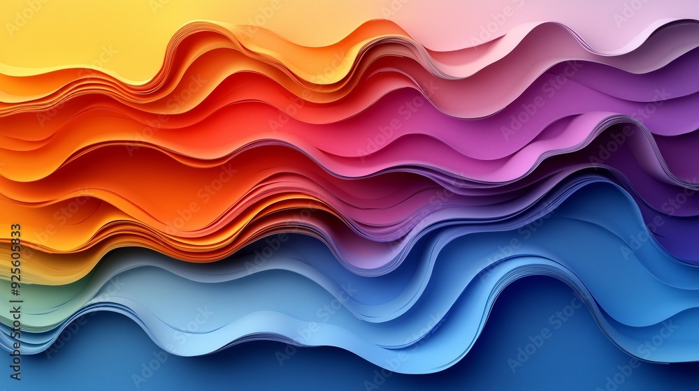 Brightly colored waves of paper in vibrant gradient layers, showcasing blues, purples, oranges, and reds in an abstract design Brightly colored waves of paper in vibrant gradient layers, showcasing blues, purples, oranges, and reds in an abstract design