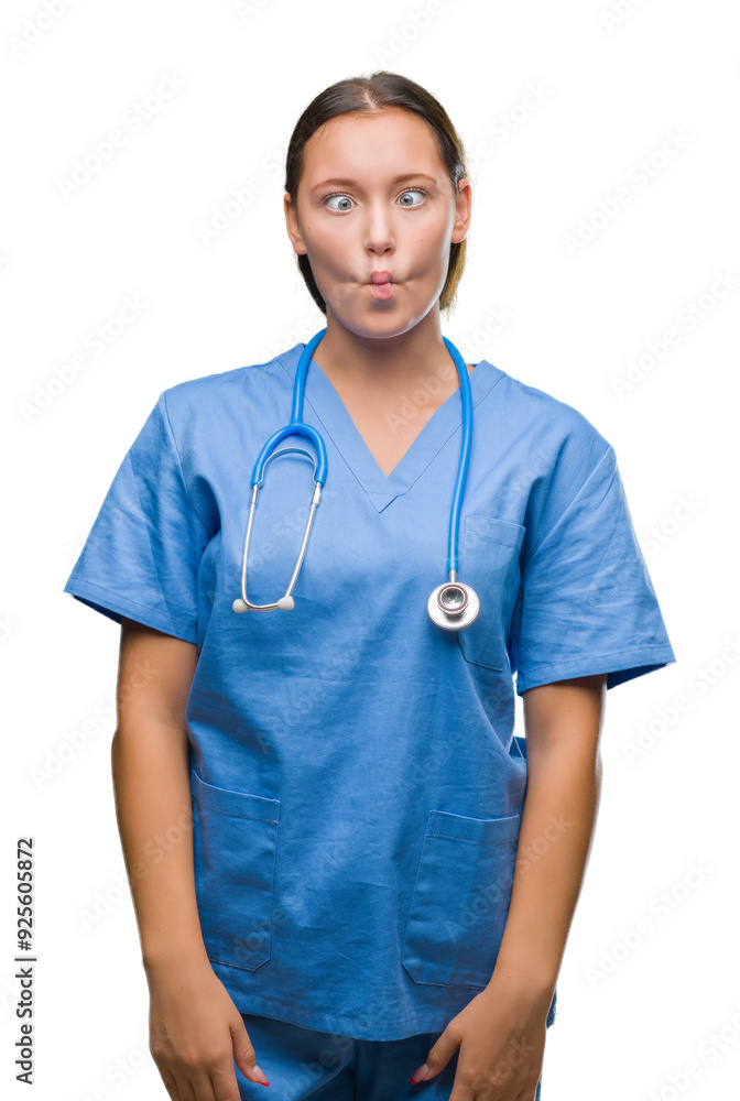 Young caucasian doctor woman wearing medical uniform over isolated background making fish face with lips, crazy and comical gesture. Funny expression. Young caucasian doctor woman wearing medical uniform over isolated background making fish face with lips, crazy and comical gesture. Funny expression.