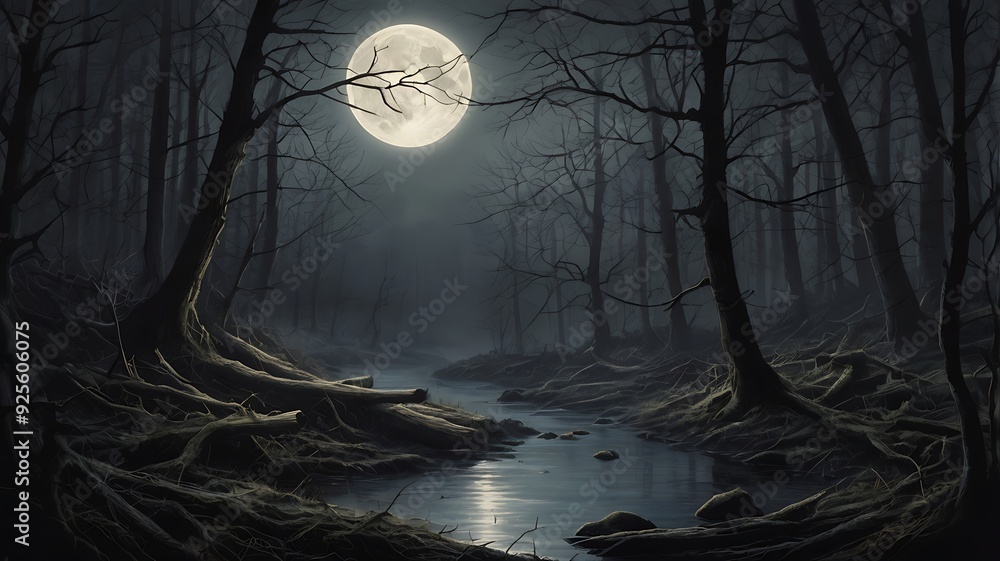 Spooky night landscape view in a dark forest with full moon visible, dark jungle black themed under moonlight