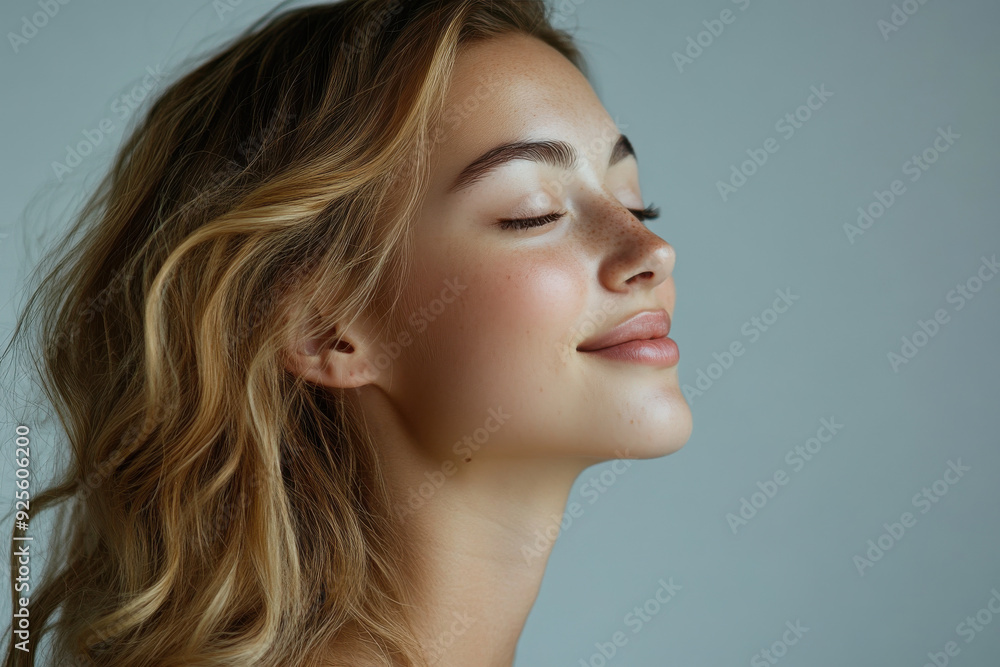 A close up of a woman's face with her eyes closed and long blond hair A close up of a woman's face with her eyes closed and long blond hair