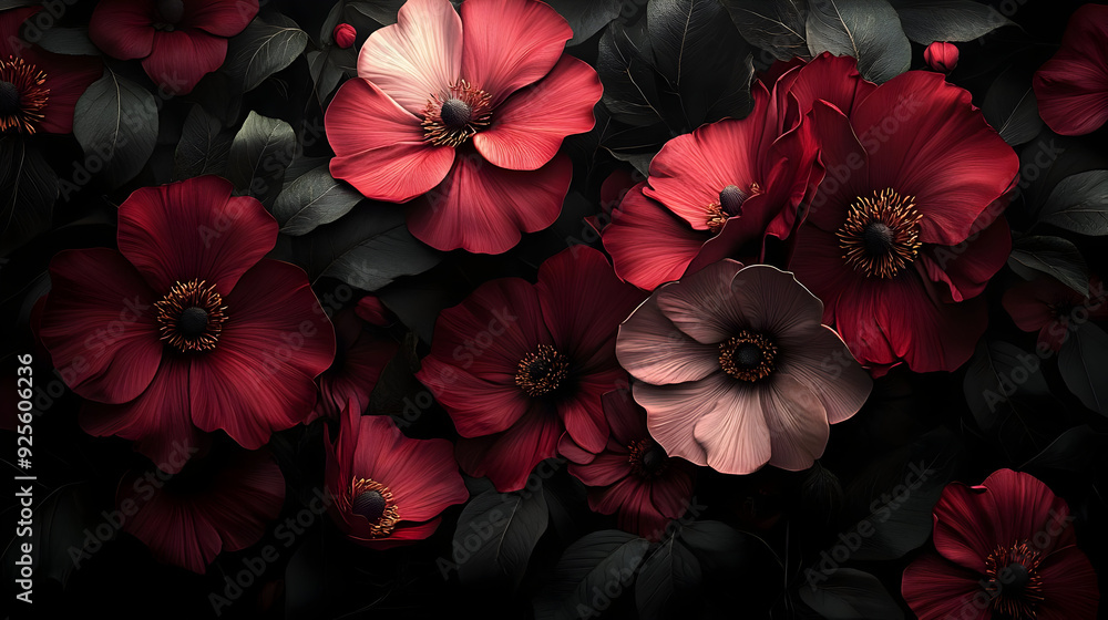A vibrant arrangement of red and pink flowers against a dark background. A vibrant arrangement of red and pink flowers against a dark background.