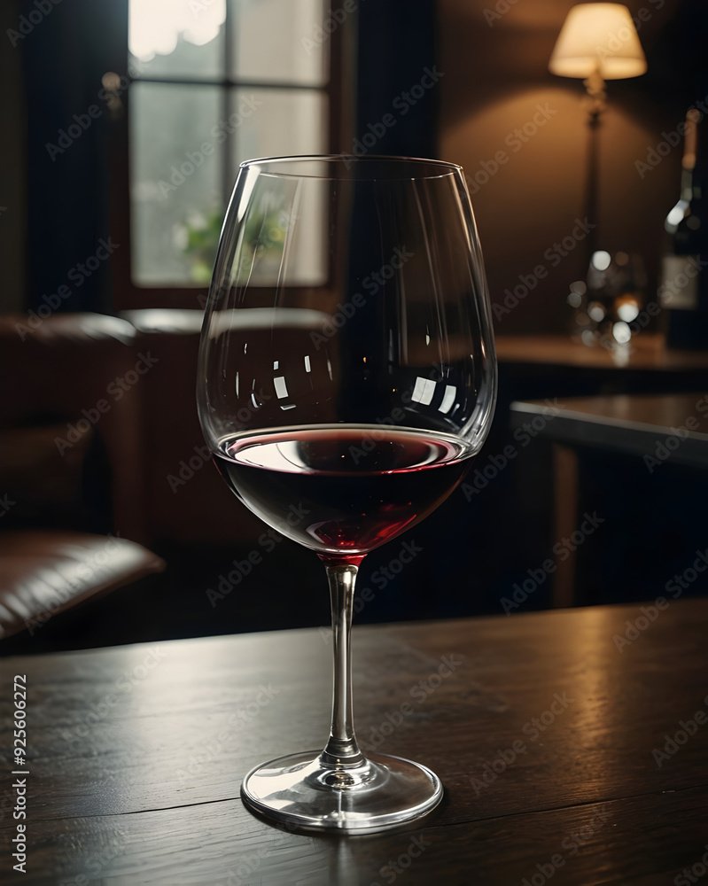 Copa con vino tinto sobre una mesa frente a una ventana Copa con vino tinto sobre una mesa frente a una ventana