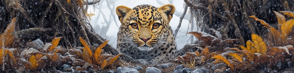 Stunning close-up of a leopard in its natural habitat, hidden among the foliage and staring intently, perfect for wildlife enthusiasts Stunning close-up of a leopard in its natural habitat, hidden among the foliage and staring intently, perfect for wildlife enthusiasts