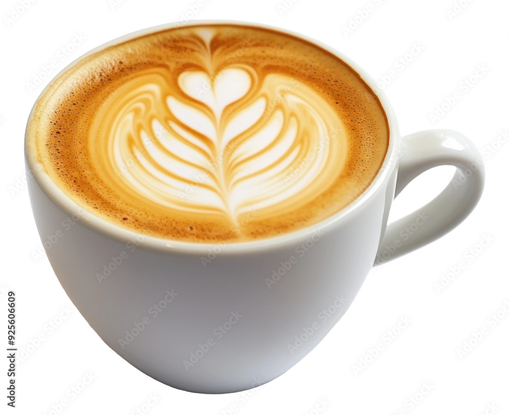 Beautiful latte art in white porcelain mug, cut out - stock png. Beautiful latte art in white porcelain mug, cut out - stock png.