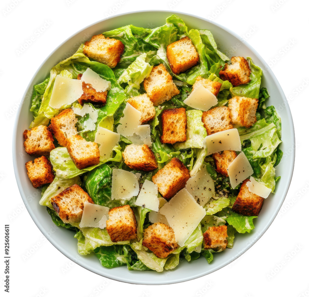Crisp salad with croutons and parmesan in bowl, cut out - stock png. Crisp salad with croutons and parmesan in bowl, cut out - stock png.