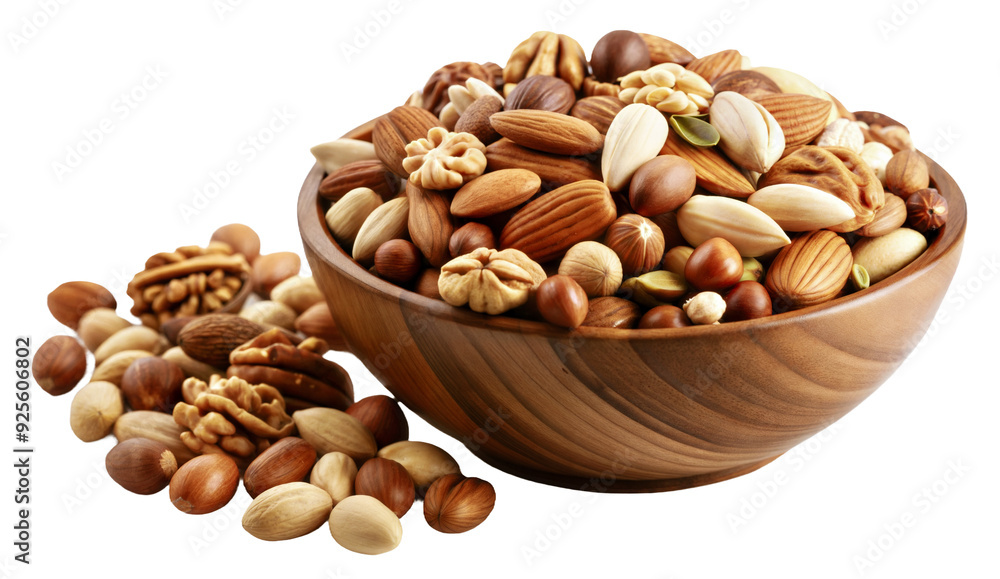 Nuts in a wooden bowl on white background, cut out - stock png. Nuts in a wooden bowl on white background, cut out - stock png.
