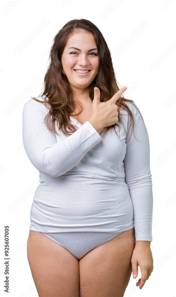 Beautiful plus size young overwight woman wearing white underwear over isolated background cheerful with a smile of face pointing with hand and finger up to the side with happy and natural Beautiful plus size young overwight woman wearing white underwear over isolated background cheerful with a smile of face pointing with hand and finger up to the side with happy and natural