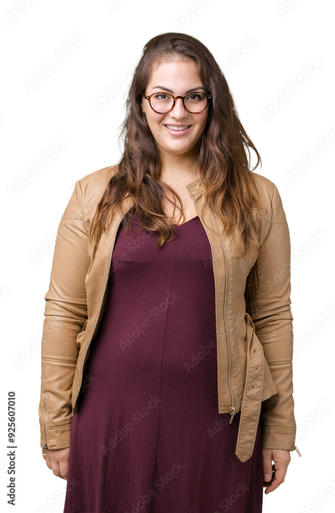 Beautiful plus size young woman wearing a dress and leather jacket over isolated background with a happy and cool smile on face. Lucky person. Beautiful plus size young woman wearing a dress and leather jacket over isolated background with a happy and cool smile on face. Lucky person.