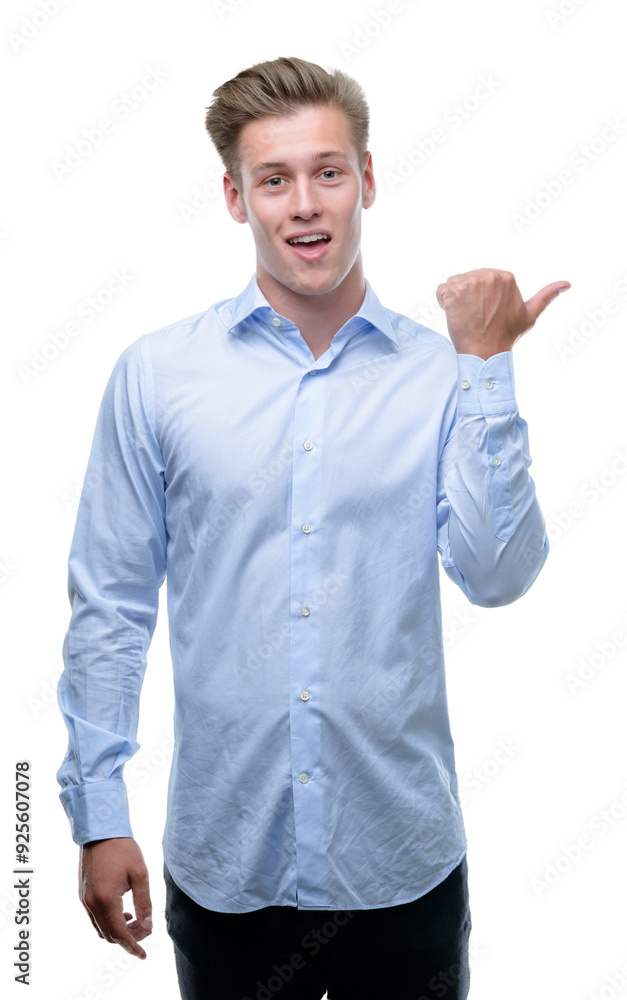 Young handsome blond man pointing with hand and finger up with happy face smiling Young handsome blond man pointing with hand and finger up with happy face smiling