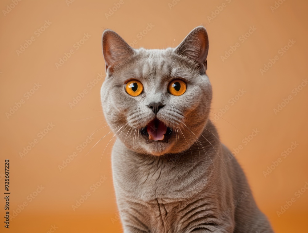 Close-up of a Gray Cat with Open Mouth and Wide Eyes Close-up of a Gray Cat with Open Mouth and Wide Eyes