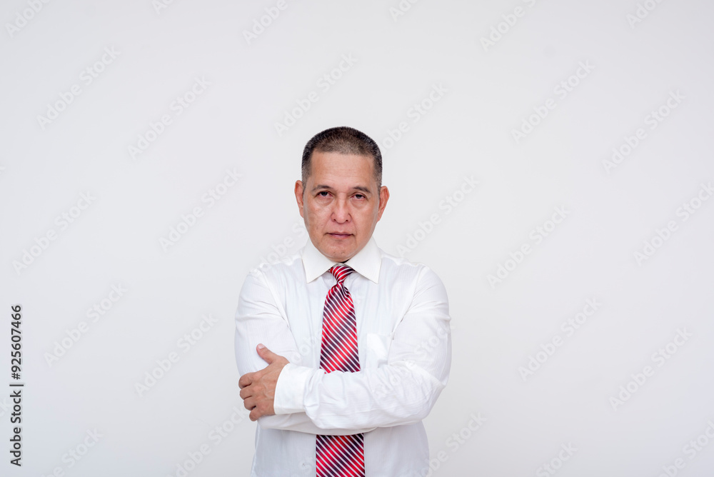 A serious manager with arms crossed. A middle aged asian man looking sternly at camera. Wearing business attire. Isolated on a white background. A serious manager with arms crossed. A middle aged asian man looking sternly at camera. Wearing business attire. Isolated on a white background.