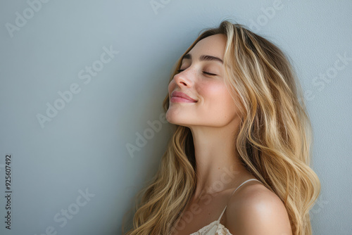 A close up of a woman's face with her eyes closed and long blond hair