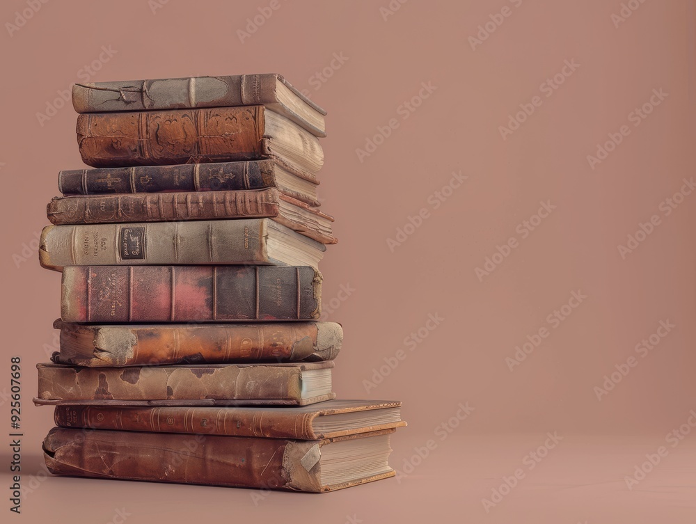Ancient Tales: A weathered stack of antique books whispers stories untold, inviting exploration into the depths of history and knowledge, copy space for text Ancient Tales: A weathered stack of antique books whispers stories untold, inviting exploration into the depths of history and knowledge, copy space for text