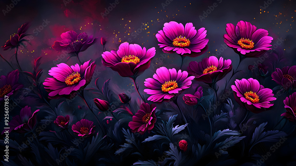 A vibrant display of pink flowers against a dark background. A vibrant display of pink flowers against a dark background.