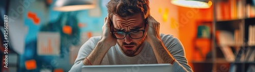 A frustrated employee struggling with technical difficulties during a presentation, anxiety and tension in the air, Realistic, Cool colors