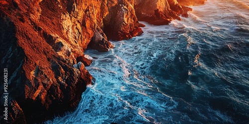 Golden Hour's Embrace: Majestic cliffs ablaze with fiery hues as waves crash against their base, capturing the raw power and beauty of nature's embrace at sunset. 