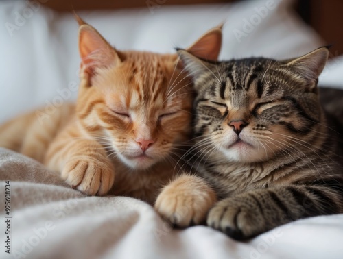 Two Cats Sleeping Closely Together on a White Bed