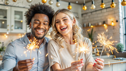 cheerful multiethnic couple holding sparklers in kitchen at home