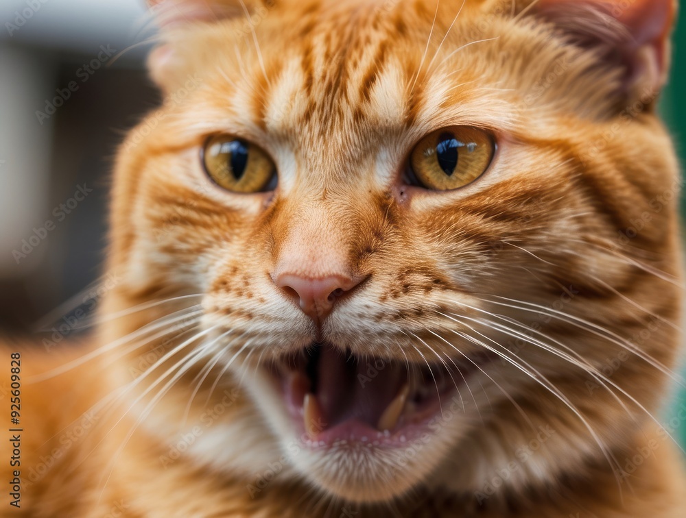 Close-Up of a Ginger Cat with Open Mouth and Visible Teeth Close-Up of a Ginger Cat with Open Mouth and Visible Teeth