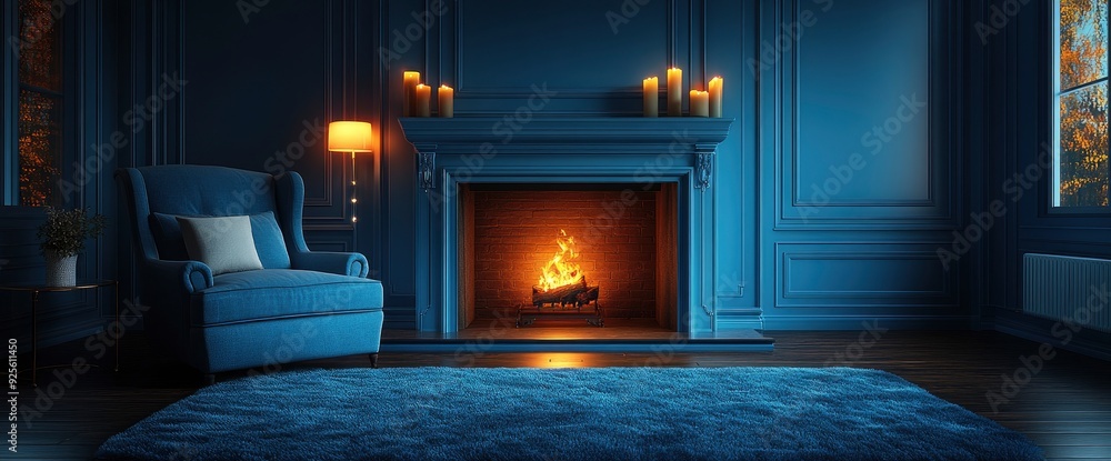 Classic Royal Blue Interior Featuring An Armchair, Fireplace, Candles, Floor Lamp, And A Soft Carpet Classic Royal Blue Interior Featuring An Armchair, Fireplace, Candles, Floor Lamp, And A Soft Carpet
