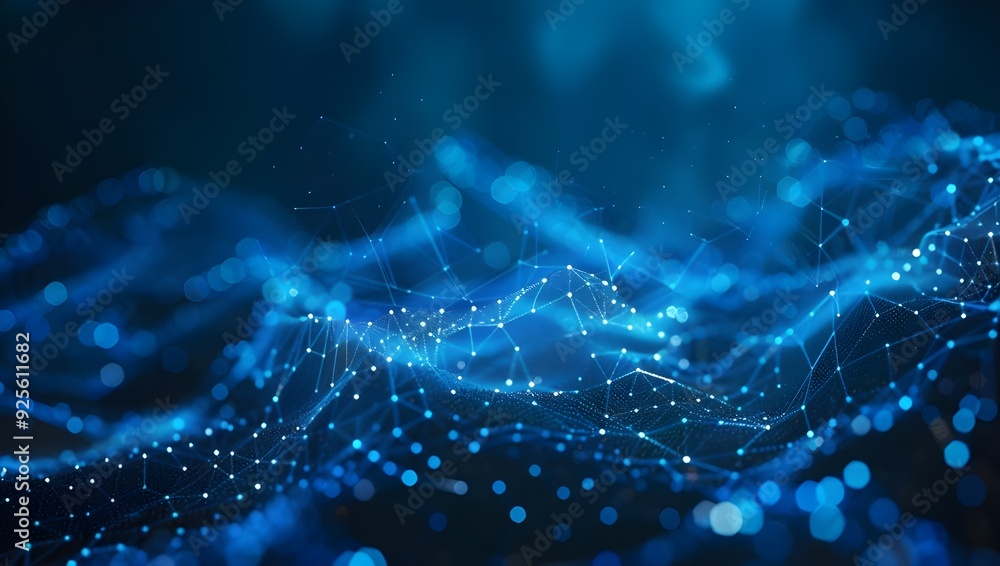 Abstract digital technology background with blue polygonal mesh lines and connecting dots, in a dark blue color, with a simple design. Abstract digital technology background with blue polygonal mesh lines and connecting dots, in a dark blue color, with a simple design.