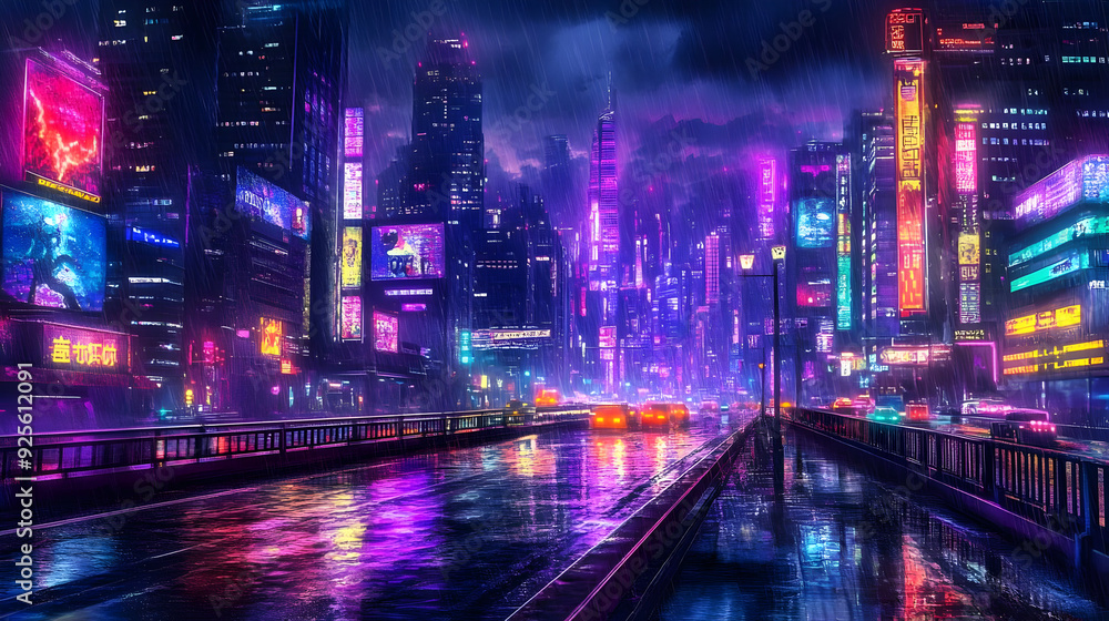 A vibrant, rainy cityscape illuminated by neon lights at night. A vibrant, rainy cityscape illuminated by neon lights at night.