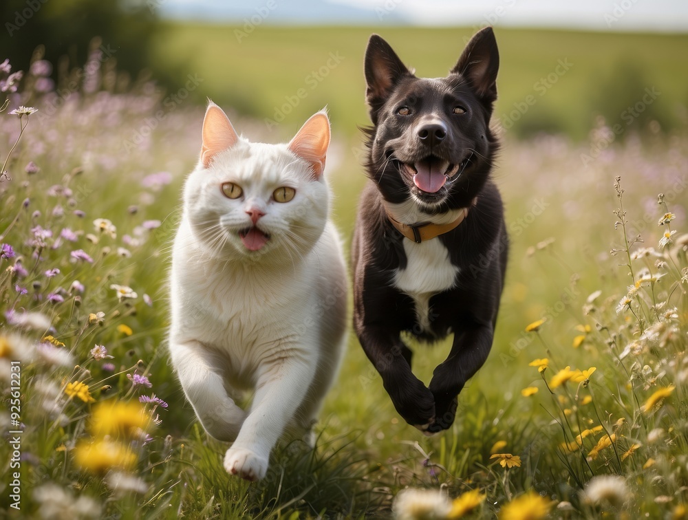 A White Cat and Black Dog Running Through a Field of Flowers A White Cat and Black Dog Running Through a Field of Flowers