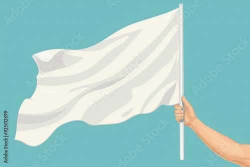 white flag held by a hand, signifying truce, fluttering gently, simple lines, minimalist design, symbolizing neutrality, surrender, peaceful offering, soft and clean appearance.