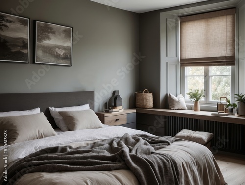 Modern Bedroom with Large Window and Grey Color Scheme