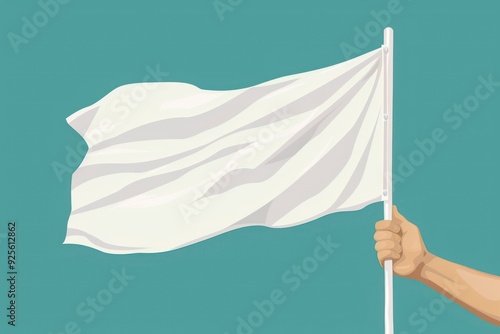 white flag held by a hand, signifying truce, fluttering gently, simple lines, minimalist design, symbolizing neutrality, surrender, peaceful offering, soft and clean appearance.