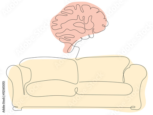 A simple illustration depicting a couch with a brain floating above it, symbolizing the connection between mental health and therapy.