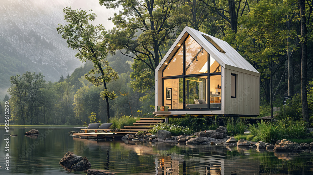 eco-friendly living with a minimalist shot of a tiny solar-powered house. Large windows frame the serene natural landscape, showcasing the harmony between modern design and nature