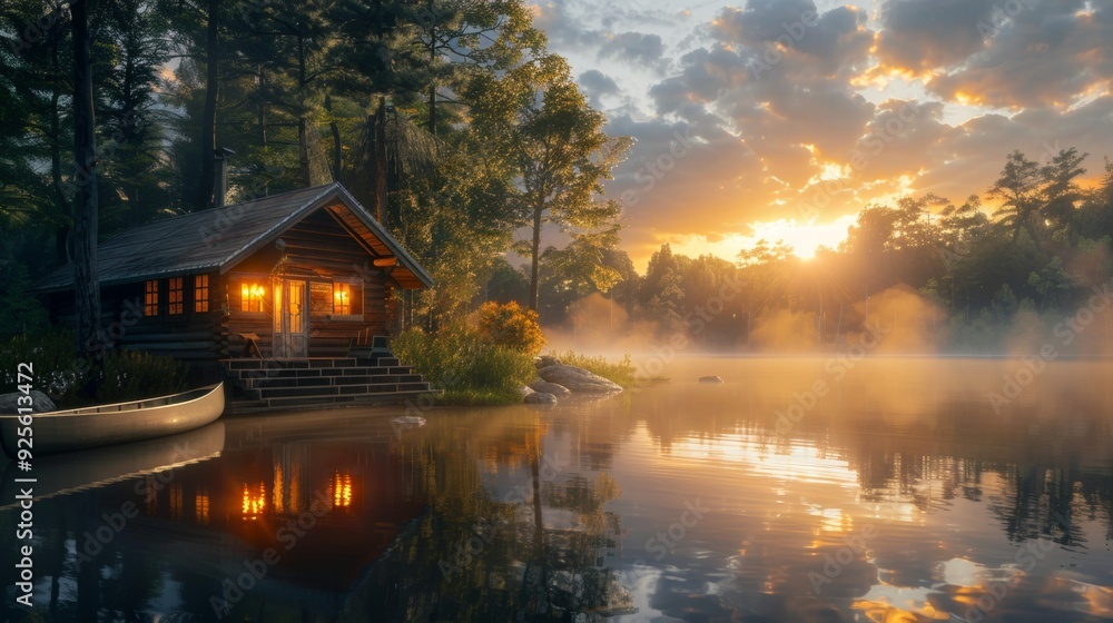 Fototapeta premium beautiful sunrise on a lake with fog surrounded by forest and a cabin