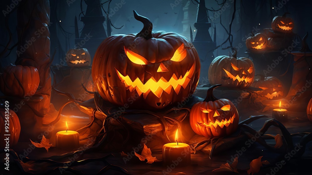 Fototapeta premium Creepy jack-o'-lanterns, flickering candles, dark night, sinister expressions, Watercolor style