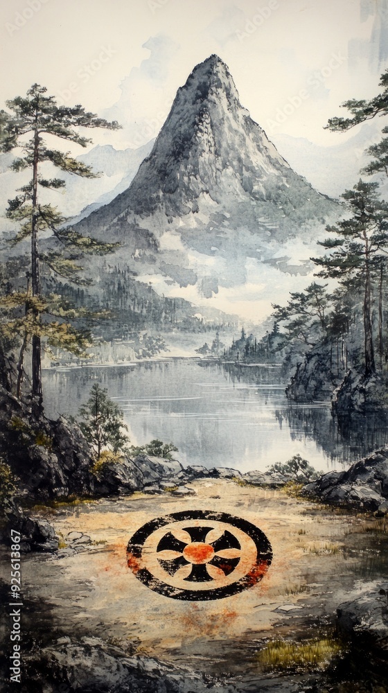 Fototapeta premium Taijitu Mountain Reflection Taoism Religion Spiritual Symbol
