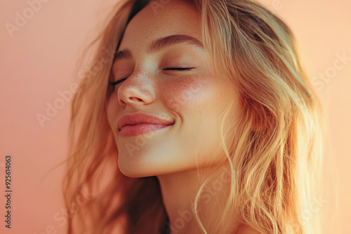 A close up of a woman's face with her eyes closed and long blond hair