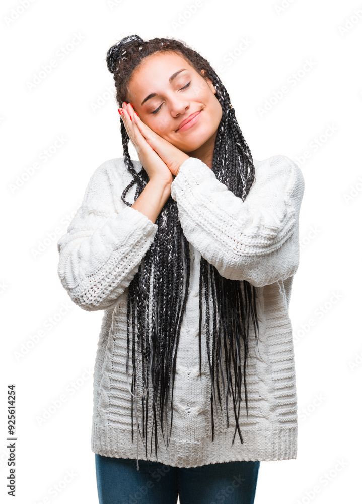 Young braided hair african american girl wearing sweater over isolated background sleeping tired dreaming and posing with hands together while smiling with closed eyes. Young braided hair african american girl wearing sweater over isolated background sleeping tired dreaming and posing with hands together while smiling with closed eyes.