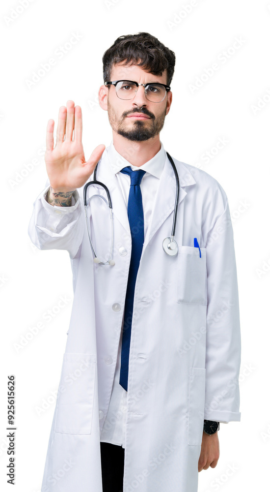 Young doctor man wearing hospital coat over isolated background doing stop sing with palm of the hand. Warning expression with negative and serious gesture on the face. Young doctor man wearing hospital coat over isolated background doing stop sing with palm of the hand. Warning expression with negative and serious gesture on the face.