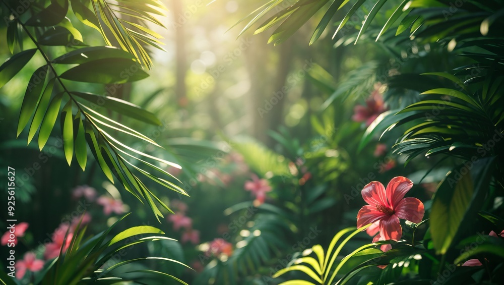 Fototapeta premium A Serene Tropical Escape: Vibrant Pink Flowers and Lush Greenery Captured in a Sunlit Paradise for Nature Enthusiasts to Marvel at the Beauty of the Wild