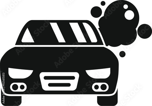 Simple black and white icon of a car getting washed with soap suds