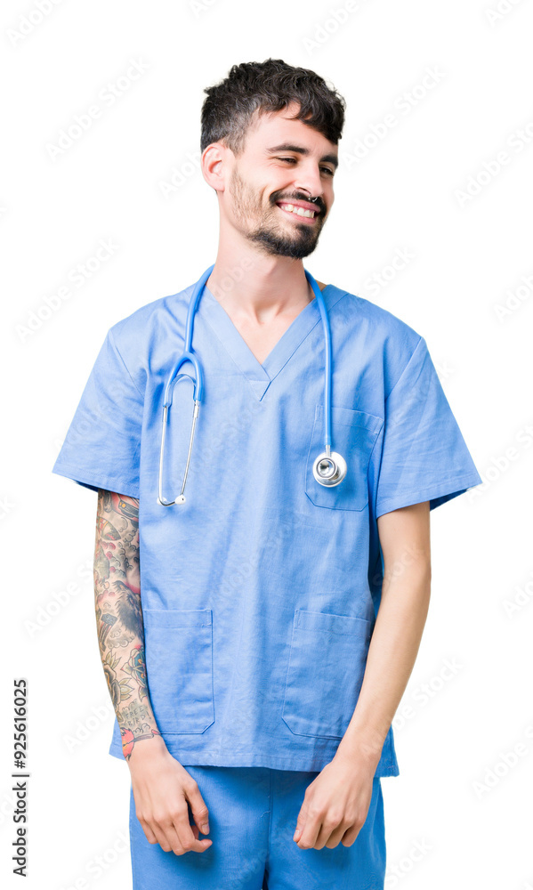 Young handsome nurse man wearing surgeon uniform over isolated background looking away to side with smile on face, natural expression. Laughing confident. Young handsome nurse man wearing surgeon uniform over isolated background looking away to side with smile on face, natural expression. Laughing confident.