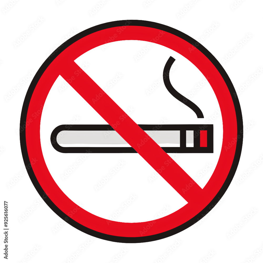 A red circle with a diagonal line crossing out a simple cigarette icon on a transparent background. The design is minimalist and clear