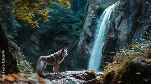 Wolf Gazing at a Waterfall photo