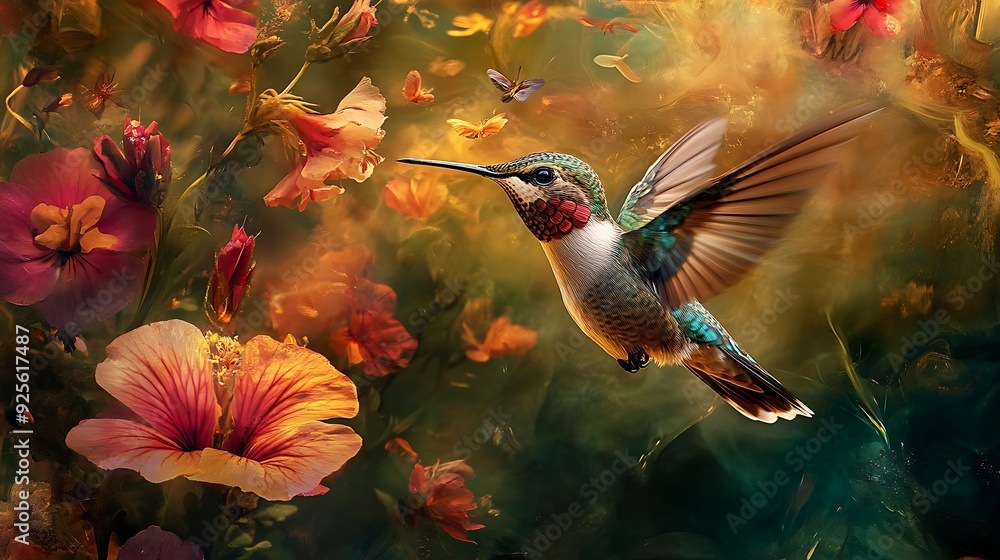 Naklejka premium Hummingbird in Flight Amidst Blooming Flowers