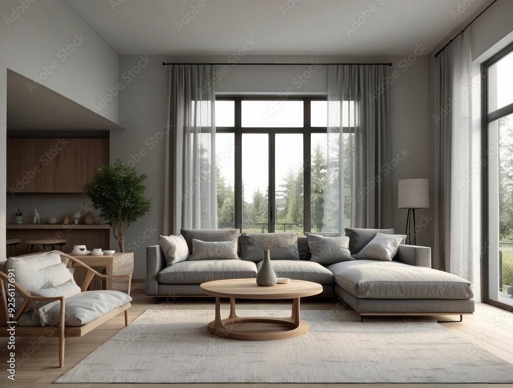 Fototapeta premium Modern Living Room with Sectional Sofa, Coffee Table, and Large Windows