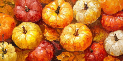 Oil painting of a background with yellow, orange, and red pumpkins photo